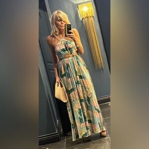 Mahina Floral Maxi Dress in Green and Peach